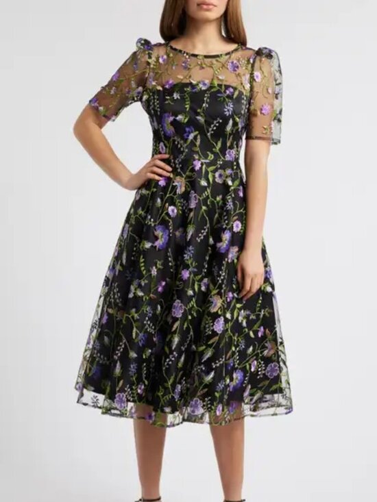 Eliza J Dresses & Skirts - Eliza J Embroidered Illusion Neck Cocktail Midi Dress
